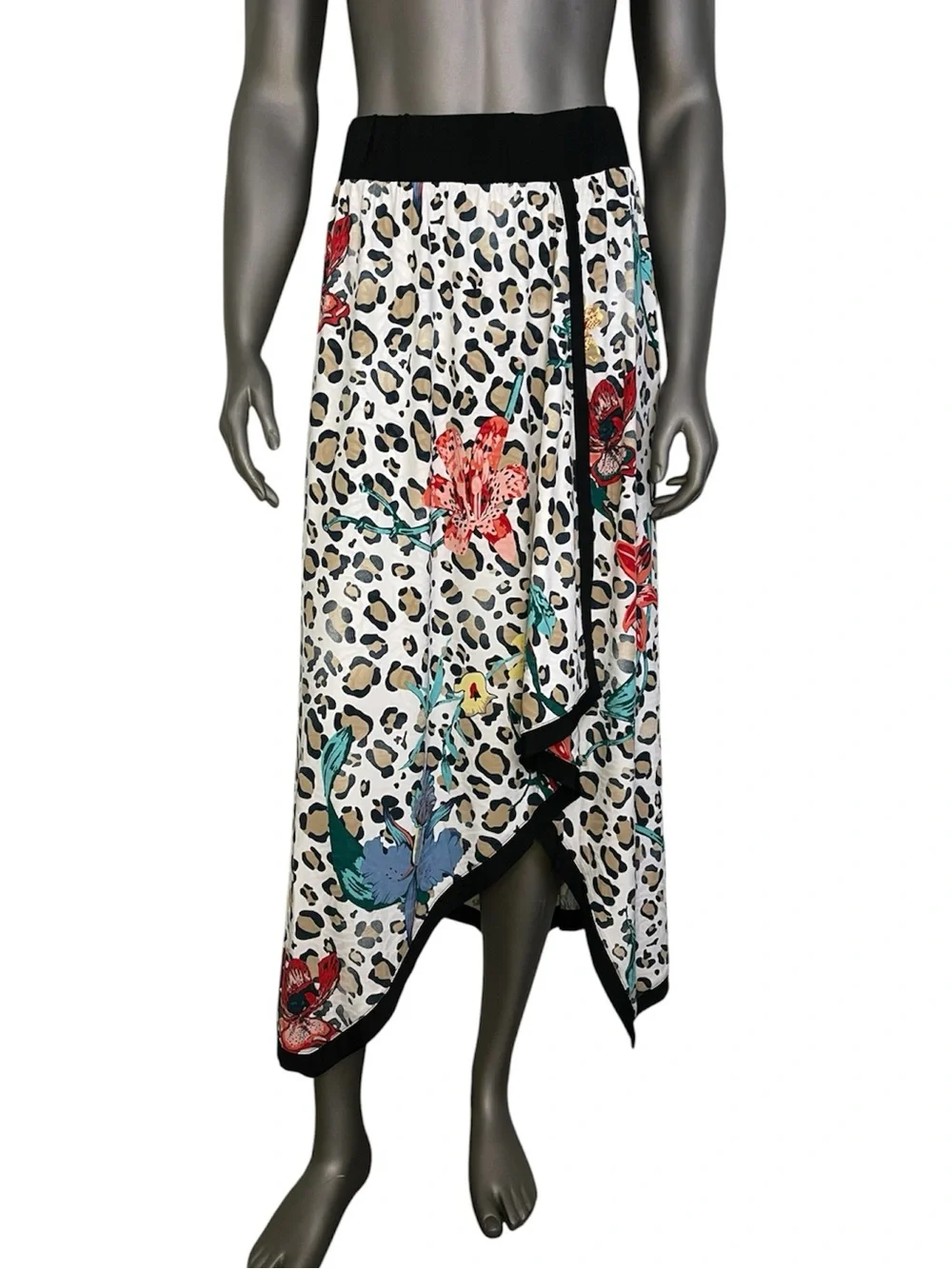 Soft Surroundings Skirt S Floral Leopard Print Asymmetrical Midi White Flowy - Picture 1 of 9